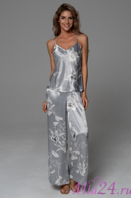 Комплект-тройка женский Arabel 4776 'Mia-Amore' - серебристый, жакет, топ и брюки-палаццо, с кружевом 