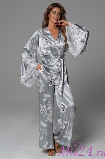 Комплект-тройка женский Arabel 4776 'Mia-Amore' - серебристый, жакет, топ и брюки-палаццо, с кружевом 