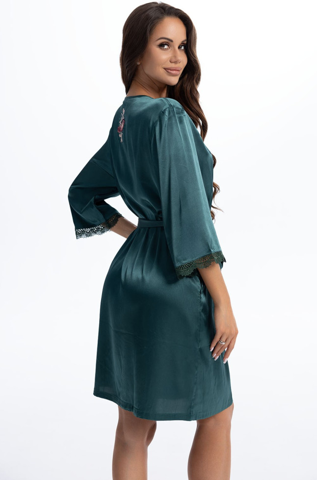 Халат короткий женский Valensia 3263 'Mia-Amore' - шелк70%, малахитовый, с цветочной вышивкой