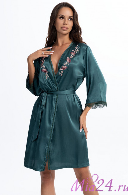 Халат короткий женский Valensia 3263 'Mia-Amore' - шел 70%, малахитовый, с цветочной вышивкой