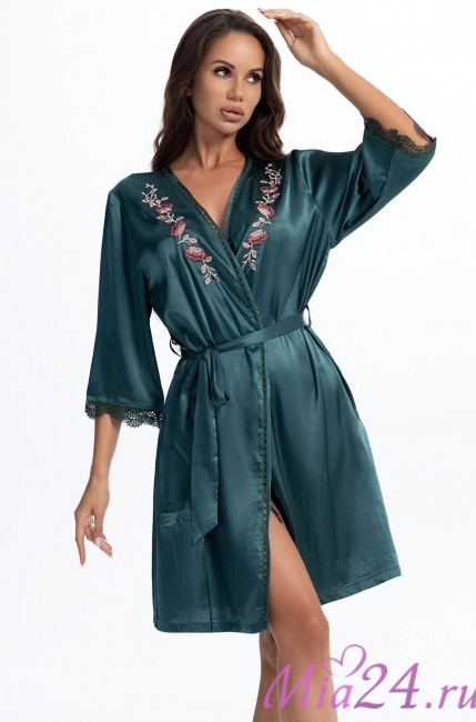 Халат короткий женский Valensia 3263 'Mia-Amore' - шел 70%, малахитовый, с цветочной вышивкой