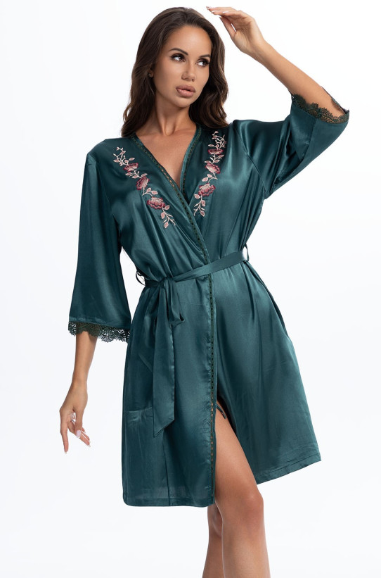 Халат короткий женский Valensia 3263 'Mia-Amore' - шелк70%, малахитовый, с цветочной вышивкой