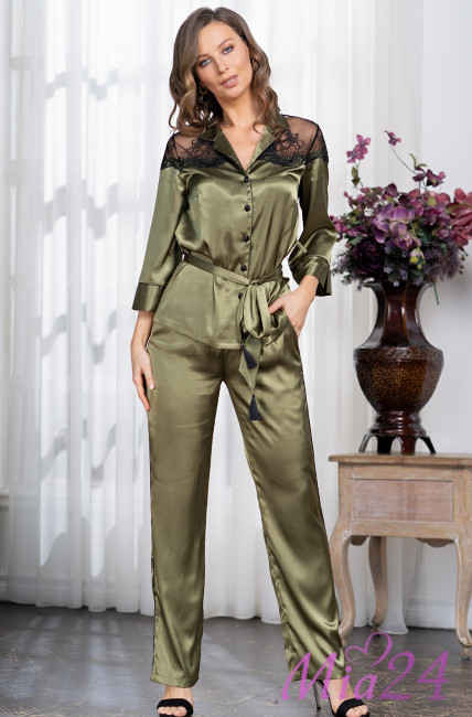 Женская шелковая пижама с брюками Mia-Amore "Olivia" 3646 оливковый