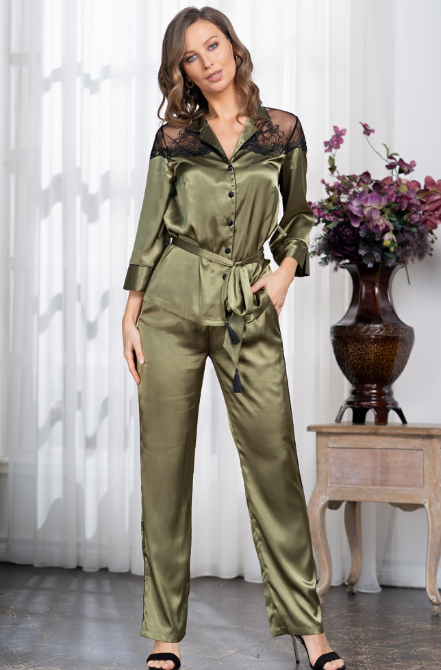 Женская шелковая пижама с брюками Mia-Amore "Olivia" 3646 оливковый