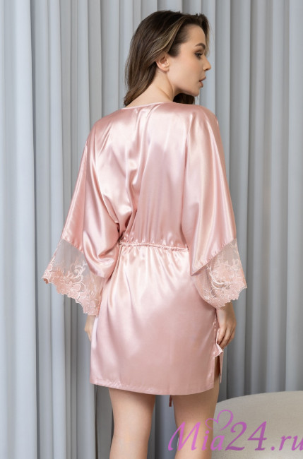 Комплект-тройка женский Anabella 4827 'Mia-Amore' - шелковый, цвет пудра, бра, шорты и халат с кружевом 