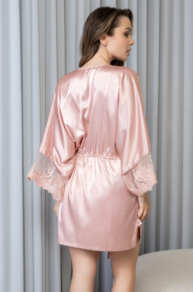 Комплект-тройка женский Anabella 4827 'Mia-Amore' - шелковый, цвет пудра, бра, шорты и халат с кружевом 