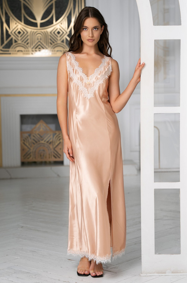 Сорочка длинная женская Ketty (Кетти) 9067 Mia-Amore - цвет крем-брюле, с бретелями маечного типа, кружевом и разрезом