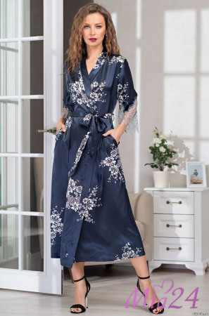 Халат длинный шелковый с кружевом Mia Amore Alexandria" 3579 синий