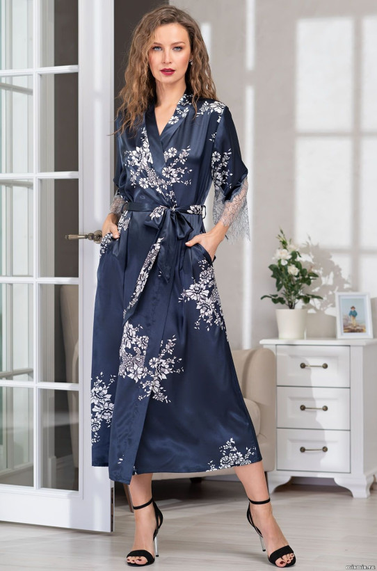 Халат длинный шелковый с кружевом Mia Amore Alexandria" 3579 синий