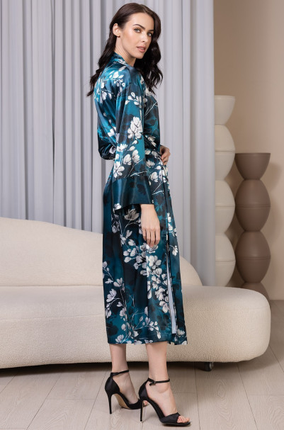 Халат длинный запашной женский Eliana 4929 'Mia-Amore' - шелковый, цветочный принт, с поясом и карманами 
