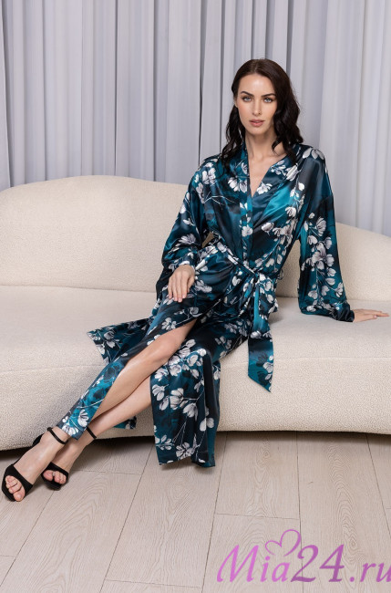 Халат длинный запашной женский Eliana 4929 'Mia-Amore' - шелковый, цветочный принт, с поясом и карманами 