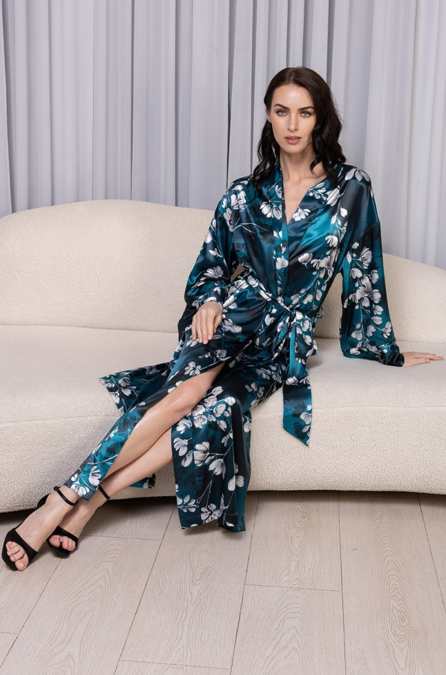Халат длинный запашной женский Eliana 4929 'Mia-Amore' - шелковый, цветочный принт, с поясом и карманами 