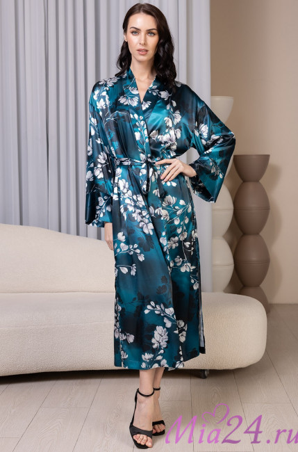 Халат длинный запашной женский Eliana 4929 'Mia-Amore' - шелковый, цветочный принт, с поясом и карманами 