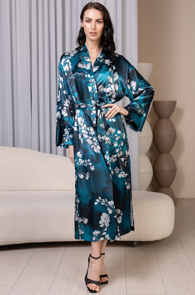 Халат длинный запашной женский Eliana 4929 'Mia-Amore' - шелковый, цветочный принт, с поясом и карманами 