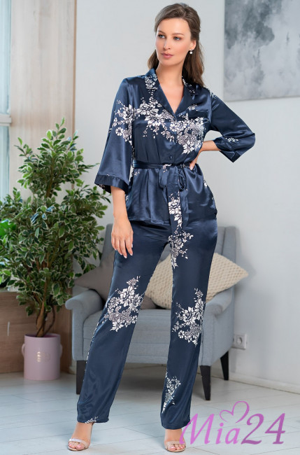 Комплект-тройка шелковый с кружевом Mia Amore "Alexandria" 3575 синий