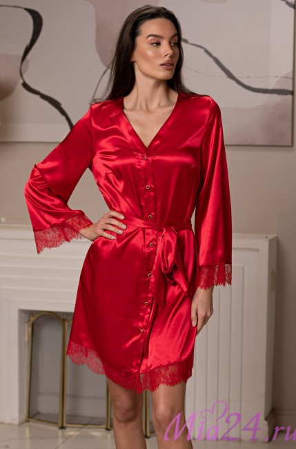 Халат-рубашка короткий женский Beatris 4505 'Mia-Amore' - красный, шелковый, на пуговицах 