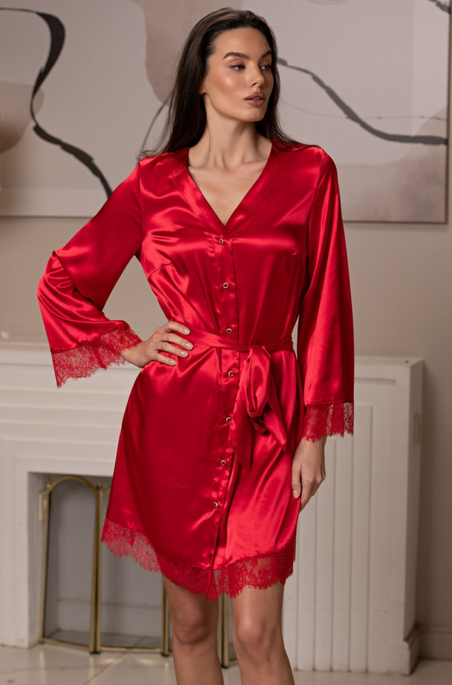 Халат-рубашка короткий женский Beatris 4505 'Mia-Amore' - красный, шелковый, на пуговицах 