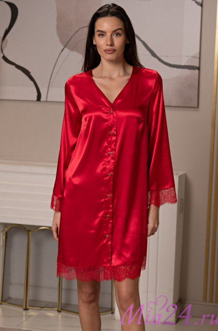 Халат-рубашка короткий женский Beatris 4505 'Mia-Amore' - красный, шелковый, на пуговицах 
