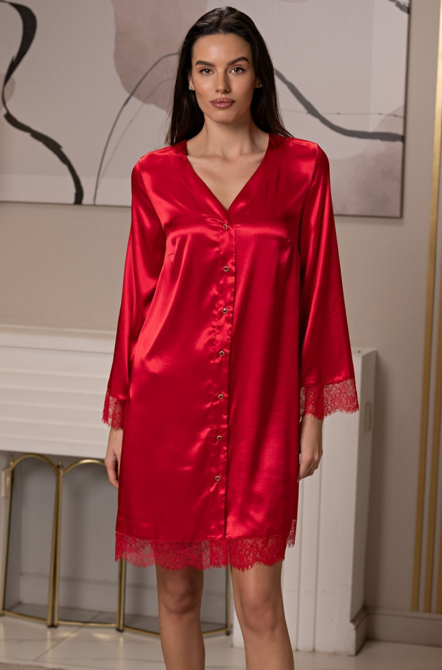 Халат-рубашка короткий женский Beatris 4505 'Mia-Amore' - красный, шелковый, на пуговицах 