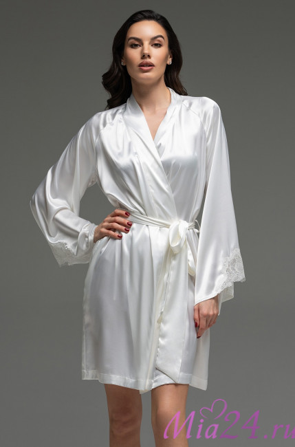 Халат короткий запашной женский Lilirose 4593 'Mia-Amore' - шелковый, белый