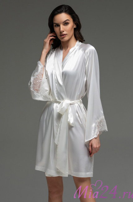 Халат короткий запашной женский Lilirose 4593 'Mia-Amore' - шелковый, белый