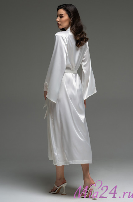 Халат длинный запашной женский Lilirose 4599 'Mia-Amore' - белый, шелковый, с кружевом Халат длинный запашной женский Lilirose 4599 'Mia-Amore' - белый, шелковый, с кружевом