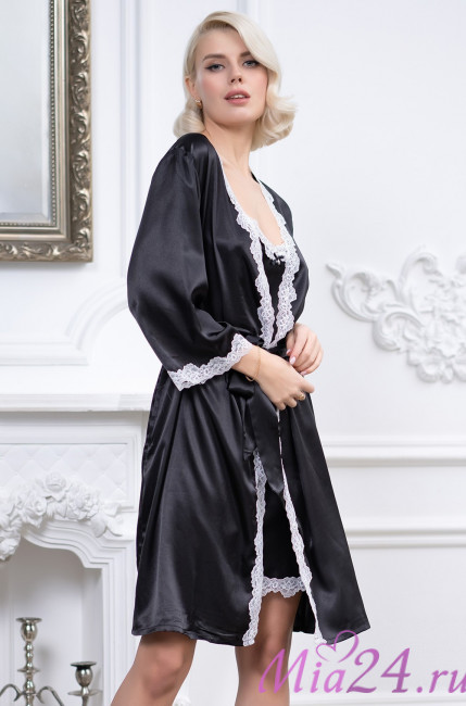 Халат короткий женский Mia-Mella "Julia" 8733 черный с белым Халат короткий женский Mia-Mella "Julia" 8733 черный с белым