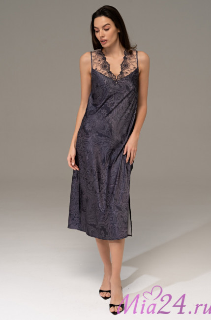 Сорочка длинная женская Aletta 4448 'Mia-Amore' - полуприлегающая, цвет антрацит, шелковая Сорочка длинная женская Aletta 4448 'Mia-Amore' - полуприлегающая, цвет антрацит, шелковая