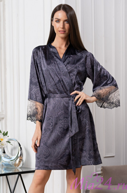 Халат короткий запашной женский Aletta 4443 'Mia-Amore' - цвет антрацит, шелковый Халат короткий запашной женский Aletta 4443 'Mia-Amore' - цвет антрацит, шелковый