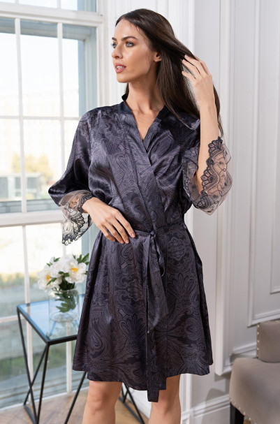 Халат короткий запашной женский Aletta 4443 'Mia-Amore' - цвет антрацит, шелковый 