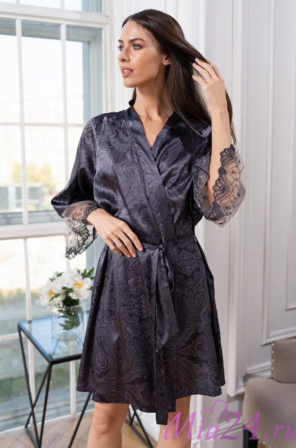Халат короткий запашной женский Aletta 4443 'Mia-Amore' - цвет антрацит, шелковый Халат короткий запашной женский Aletta 4443 'Mia-Amore' - цвет антрацит, шелковый