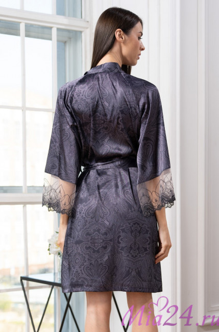 Халат короткий запашной женский Aletta 4443 'Mia-Amore' - цвет антрацит, шелковый Халат короткий запашной женский Aletta 4443 'Mia-Amore' - цвет антрацит, шелковый
