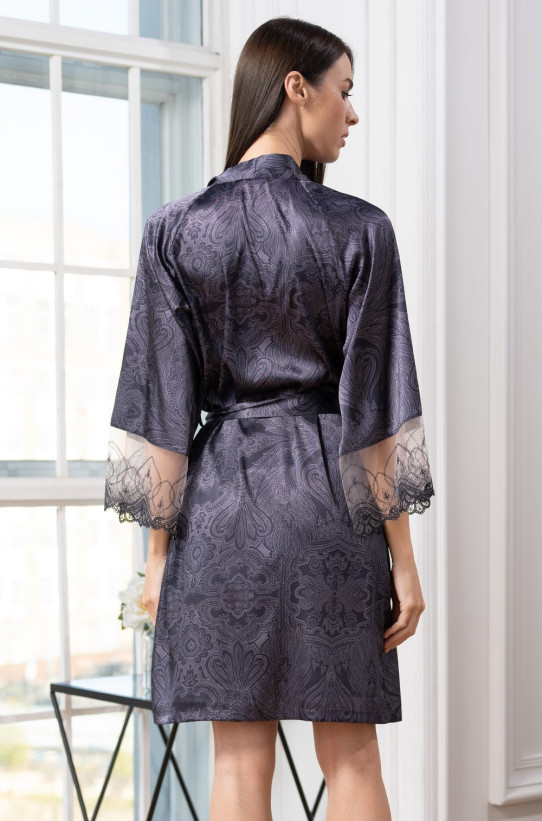 Халат короткий запашной женский Aletta 4443 'Mia-Amore' - цвет антрацит, шелковый 