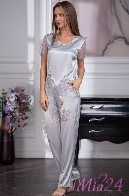Пижама шелковая с кружевом Mia Amore "Kelly" 3576 серый Пижама шелковая с кружевом Mia Amore "Kelly" 3576 серый