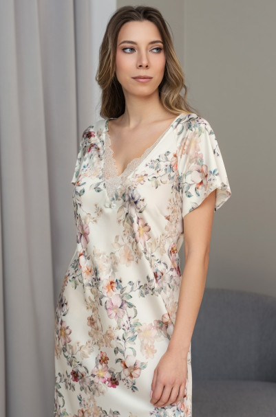 Сорочка длинная женская Eden 5177 'Mia-Amore' - молочная, шелковая, с кружевом 