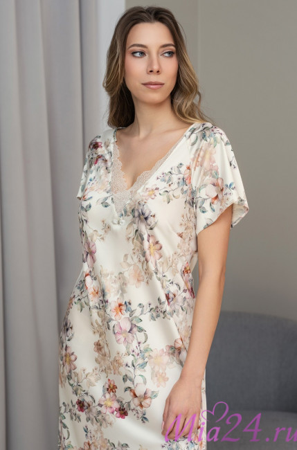 Сорочка длинная женская Eden 5177 'Mia-Amore' - молочная, шелковая, с кружевом Сорочка длинная женская Eden 5177 'Mia-Amore' - молочная, шелковая, с кружевом