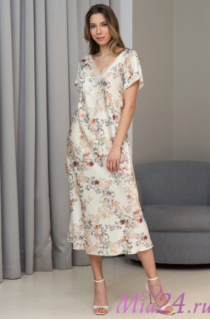 Сорочка длинная женская Eden 5177 'Mia-Amore' - молочная, шелковая, с кружевом Сорочка длинная женская Eden 5177 'Mia-Amore' - молочная, шелковая, с кружевом