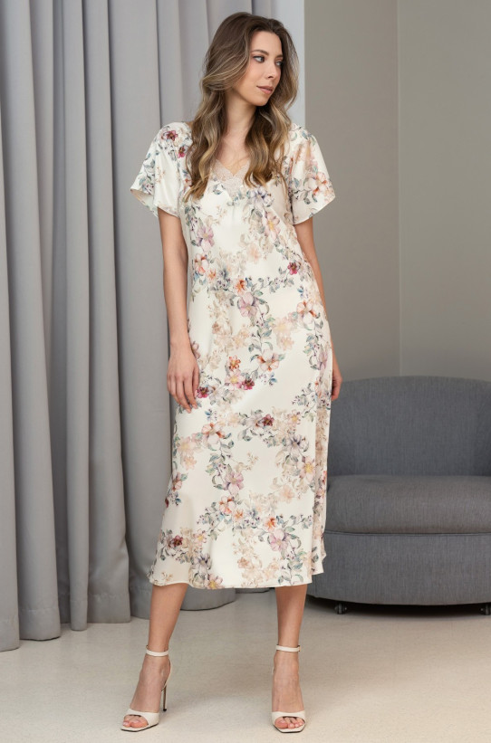 Сорочка длинная женская Eden 5177 'Mia-Amore' - молочная, шелковая, с кружевом 