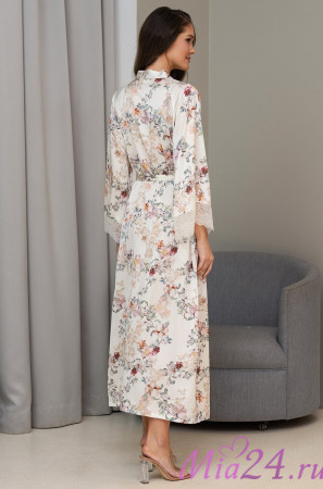 Халат длинный запашной женский Eden 5179 'Mia-Amore' - молочный, шелковый, с кружевом Халат длинный запашной женский Eden 5179 'Mia-Amore' - молочный, шелковый, с кружевом