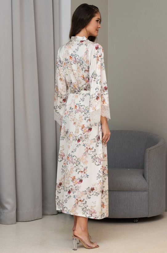 Халат длинный запашной женский Eden 5179 'Mia-Amore' - молочный, шелковый, с кружевом 