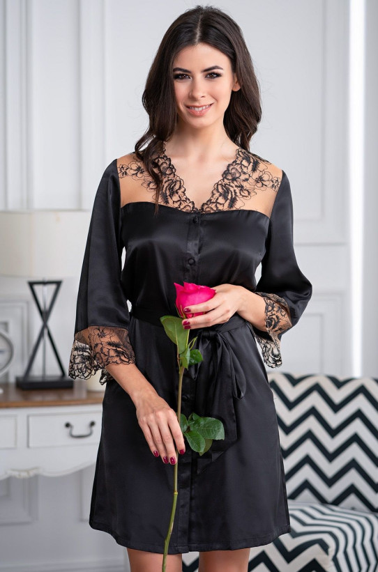 Халат-рубашка короткий женский Amanda (Аманда) 3637 Mia-Amore - черный, на пуговицах, с кружевом, карманами и поясом