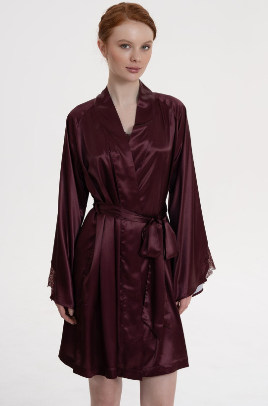 Халат короткий запашной женский Lilirose (Лилироуз) 4593 Mia-Amore - шелковый, с кружевом на рукавах и съемным поясом, цвет винный