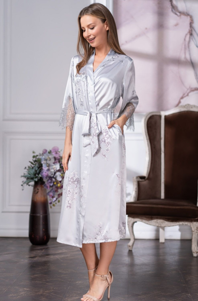 Халат длинный шелковый с кружевом Mia Amore "Kelly" 3579 серый