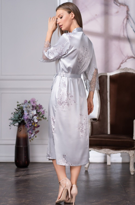 Халат длинный шелковый с кружевом Mia Amore "Kelly" 3579 серый