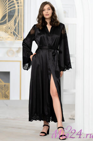 Халат длинный запашной женский Aurelia 3899 'Mia-Amore' - черный, шелковый, с кружевом Халат длинный запашной женский Aurelia 3899 'Mia-Amore' - черный, шелковый, с кружевом