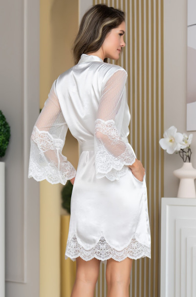 Халат короткий запашной женский Aurelia (Аурелия) 3893 Mia-Amore - белый, с кружевом, карманами и поясом