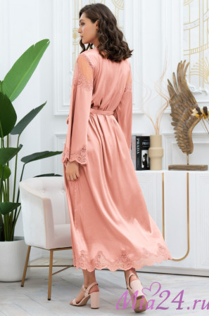 Халат длинный запашной женский Aurelia 3899 'Mia-Amore' - чайная роза, шелковый, с кружевом Халат длинный запашной женский Aurelia 3899 'Mia-Amore' - чайная роза, шелковый, с кружевом