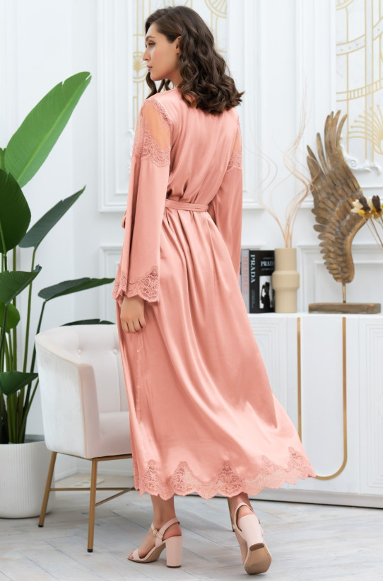 Халат длинный запашной женский Aurelia 3899 'Mia-Amore' - чайная роза, шелковый, с кружевом 