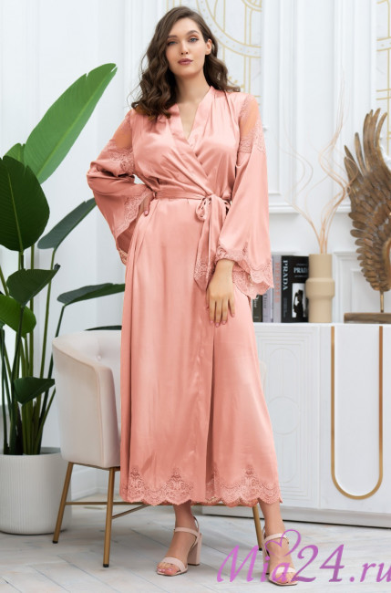 Халат длинный запашной женский Aurelia 3899 'Mia-Amore' - чайная роза, шелковый, с кружевом Халат длинный запашной женский Aurelia 3899 'Mia-Amore' - чайная роза, шелковый, с кружевом