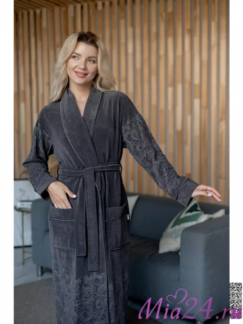 Халат велюровый длинный женский Nusa 8720 антрацит